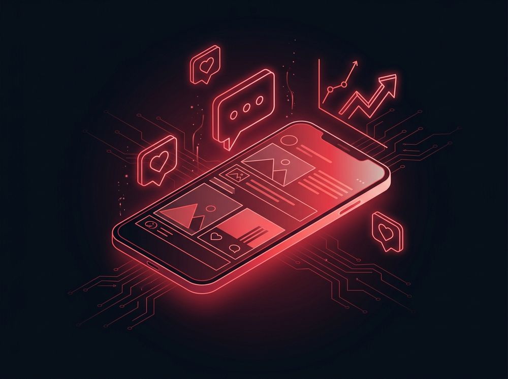 Ilustración de un teléfono con un feed de redes sociales e íconos de interacción