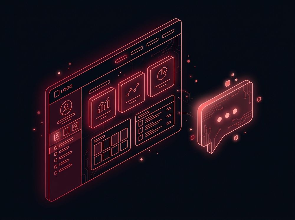 Ilustración de un panel de sitio web con un chatbot de IA integrado